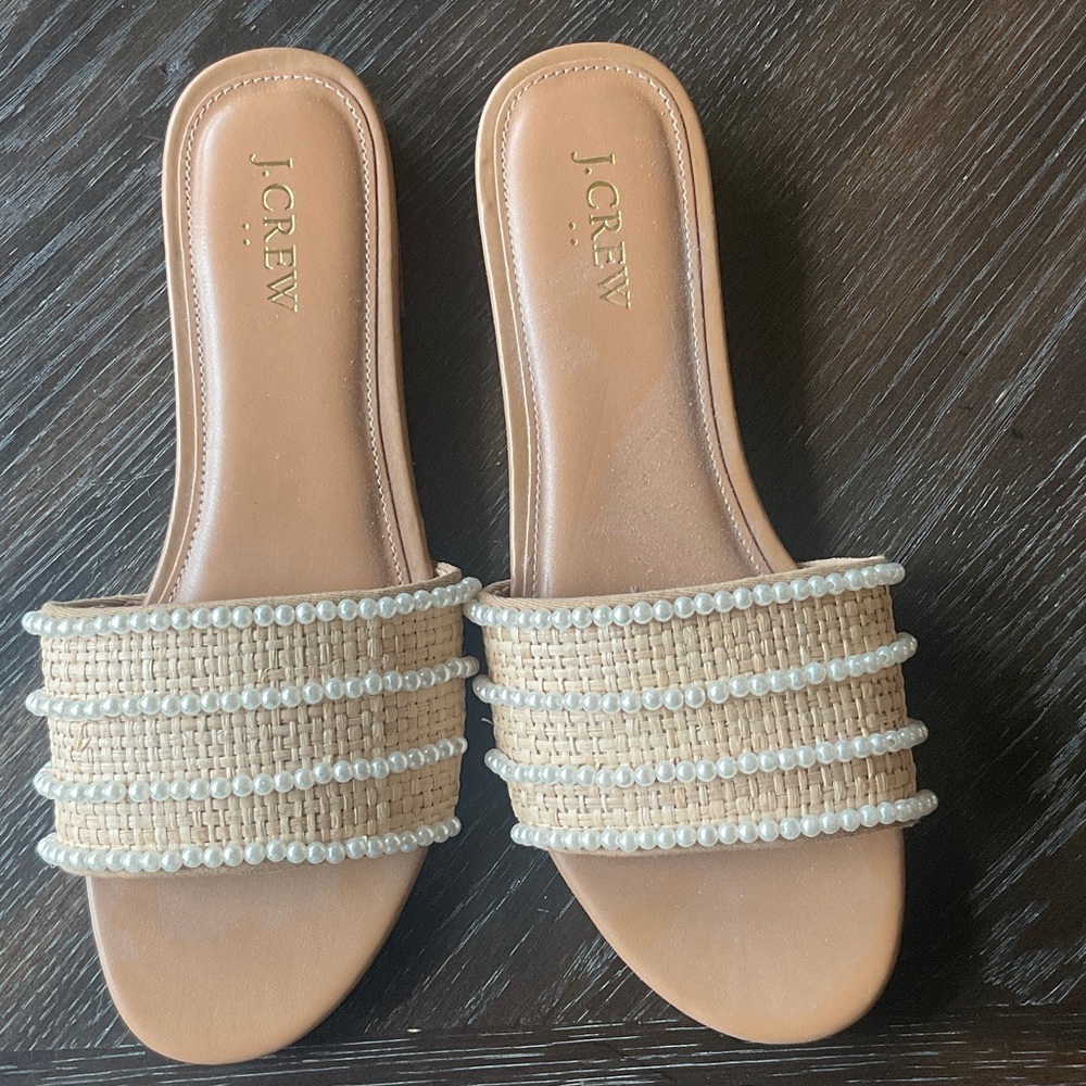 J. Crew Tan Raffia Slide Sandals with Pearl Trim